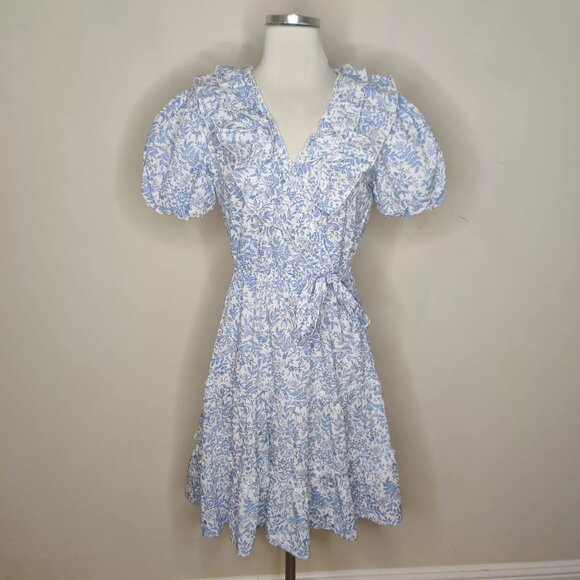 Indigo Rose Floral Ruffled Dress Size Small Short Puff Sleeve Tie Waist Cottage - Picture 1 of 11